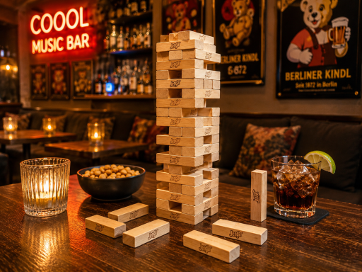 Jenga-Spiel in gemütlicher Bar-Atmosphäre in Berlin-Schöneberg
