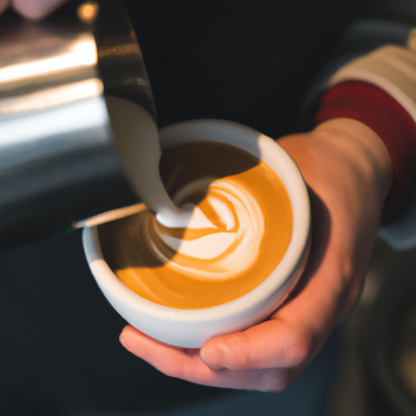 Eine Hand gießt kreatives Latte Art in eine Tasse mit Kaffee.